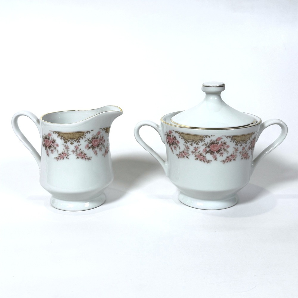 Vintage Norleans Fine China Japan Elisio Creamer & Sugar Bowl Set Pink Roses